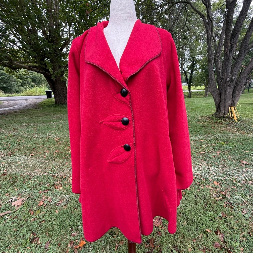 Janska Women XL Red Fleece Leaf Button Coat Jacket Made in USA Art To Wear
